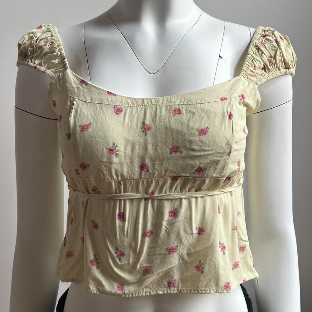 Pale Yellow Cropped Shirt with Ruffle Capped Sleeves